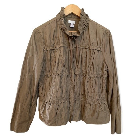 Chico’s Army Green Ruched Tiered Ruffle Lightweight Zip Jacket - size M - Picture 1 of 6